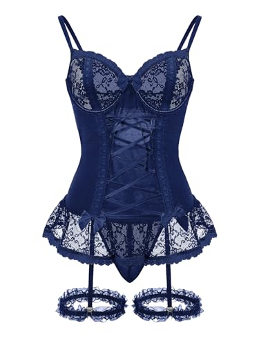 Image of Foxiny Sexy Mesh Corset Ruffle Lace Up Underwire Sheer Garter Belt Babydoll Lingerie Set With Thong 3 Piece Women