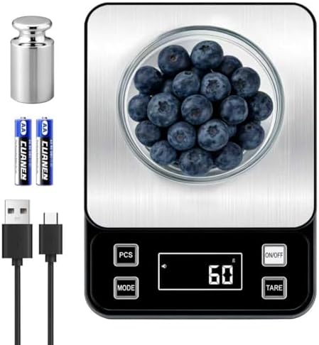 Full Waterproof Digital Scale IP67,5kg Capacity 0.1g Accuracy Kitchen Scale with Type-C Charging Tare Function Stainless Steel Platform for Baking Seafood Food Processing Hardware Counting