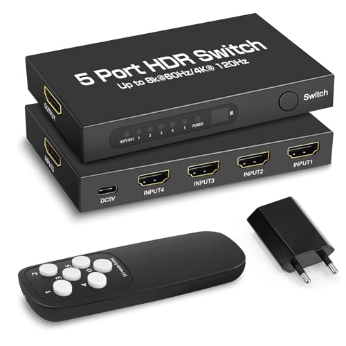 HNCY Switch HDMI 2.1 8K 60Hz/4K 120Hz 48GDps, Conmutador HDMI Switch 5 In 1 out, con Mando a Distancia, Compatible con PS5, Xbox Series X, PC, Fire Stick, TV y Proyector