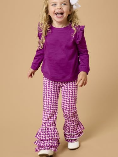 Image of RuffleButts Baby Girls Stretchy Flare - Ruffle Pants | 95% Cotton 5% Spandex, Breathable Fabric, Elastic Waistband, Relaxed Fit, Pleated Front, Long Length, Infant Apparel