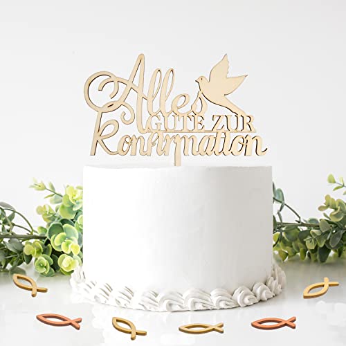 HOECMRHP Alles Gute zur Konfirmation Cake Topper mit 30 Pcs Holz Fische Streudeko - für die Torte zur Konfirmation - Tortenstecker Holz - Kommunion Torten Topper Dekoration 18X16CM (Holz) Cover