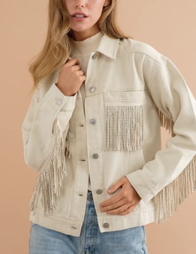 Women's Rhinestone Fringe Denim Jacket Long Sleeve Casual Tassel Jean Jacket Coat4