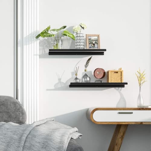 Image of OrganizeMee Metal Wall Mounted Shelves Rack,Bluetooth Speaker,Wi-Fi Camera Stand Corner Floating Shelf for Living Room & Bedroom,Home Decor Items Plant Pot mounting Racks (Black Set of 2)