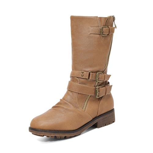 DREAM PAIRS Girls Buckle Zipper Knee High Winter Boots 11 Little Kid Camel