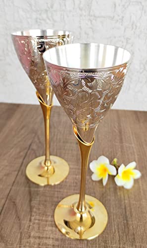 Vibranic Wine Glass Handmade Engraved Vintage Silver Plated Brass Champagne Curved Fluted Wine Glass Pack Of 2 #TOP5