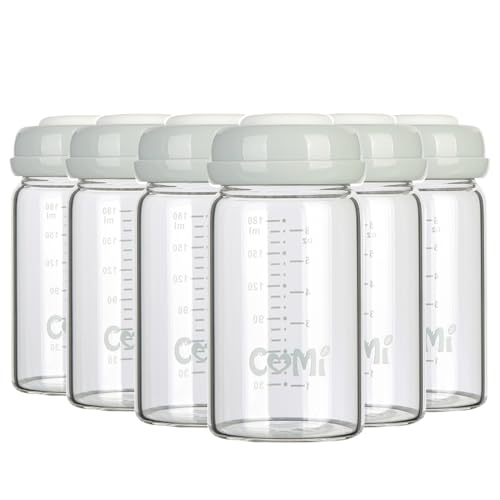 Image of COMI Wide Neck Glass Breastmilk Collection n Storage Bottle, 6oz with Screw Ring Sealing Disk; Re-markable Sealing Disc. BPA Free, Fits Breast Pumps & Nipples (Gray Lids)