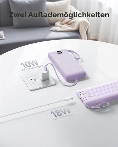VRURC Powerbank 22.5W Schnelles Aufladen, 20000mAh Power Bank mit Kabel Tragbares Ladegerät USB C LED Display Externer Handyakkus Smartphone Kompatibel mit iPhone, Huawei, Samsung usw - Lila 6