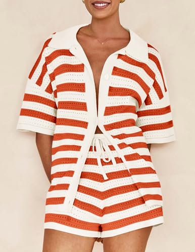 Image of PRETTYGARDEN Women's 2 Piece Shorts Sets Casual Summer 2025 Short Sleeve Striped Sweater Set Matching Beach Vacation Outfit