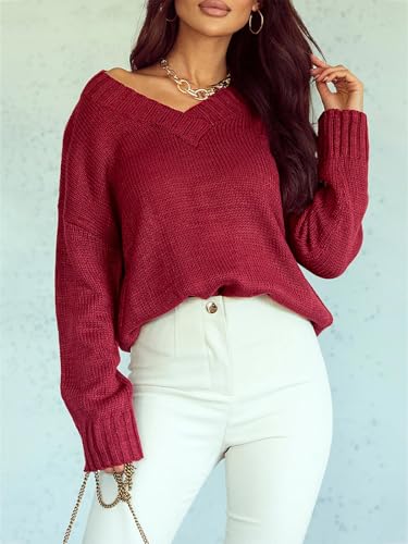 Image of Womens Loose Sweaters Sexy V Neck Long Sleeve Solid Knitted Jumper Pullover Sweatshirt Tops