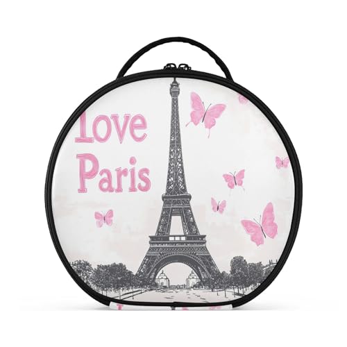 Takiito Eiffel Tower Pink Butterflies Travel Makeup Case Portable Makeup Box Artist Cosmetic Case Organizer With Adjustable Dividers