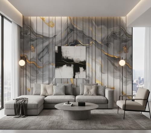 Image of Grey Gold Louvers Self-Adhesive Kitchen Wallpaper Roll, PVC 3D Wall Sticker Oil Proof, Waterproof & Washable Wallpaper for Home Decor, Living Room, Bedroom, Hotel & Cafe Walls (45x300cm)