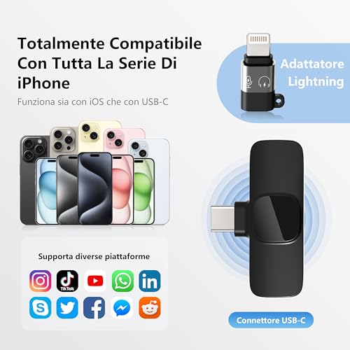 Qhot-Microfono-Wireless-per-iPhone-Microfono-Lavalier-Wireless-per-Registrazione-Video-PC-Laptop-Streaming-Live-Podcast-Vlog-YouTubeTikTok-iOSUSB-C2-Mic