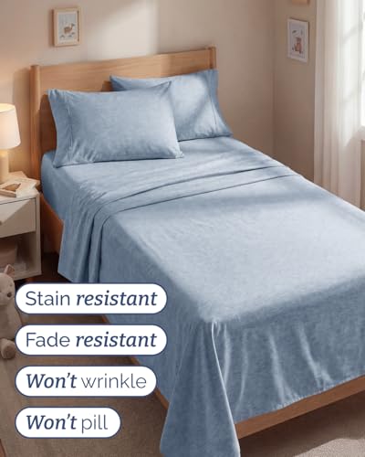 Image of Twin 4 Piece Bed Sheet Set - Breathable & Cooling Sheets - Heathered Blue | Ultra Soft Hotel Luxury Bedding Set with 8-16 Inch Deep Pockets, 1 Flat & 1 Fitted Sheet & 2 Pillowcases, Wrinkle & Fade Free