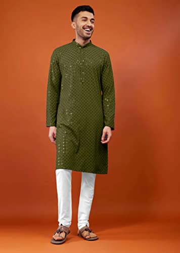 Image of Men's Rayon Blend Lucknowi Sequence Kurta Pyjama (Chickankari)