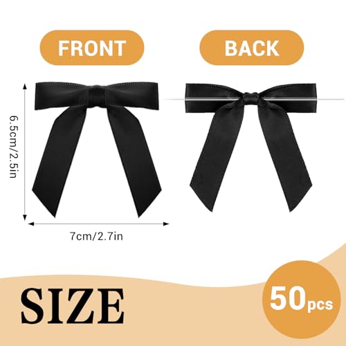 Quilax 50 PCS Black Bows 2.8 * 3“Premade Black Satin Ribbon Bows Twist Tie Bows for Gift, Champagne Bottle Wrapping, Balloons, Bows Decorations for Party, Cake, Craft, Gift(BLACK)