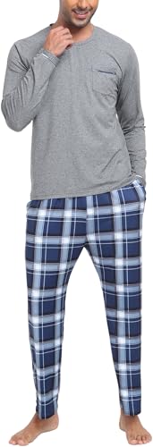 MoFiz Men's Pajama Set Soft Plaid Pants & Long Sleeve T-Shirt 2-Piece Sleepwear Loungewear Set Cozy Pjs for Men with Pockets2