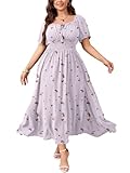 SHESTARR Women's Plus Size Maxi Dress Short Sleeve Smocked Square Neck Tie Front Split A-Line Flowy Long Dresses Purple Floral
