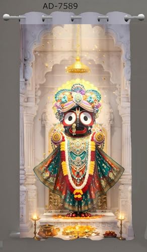 Image of KALIYO Jaggannath Ji Printed Curtains for Home & Mandir | 3D Digital Print Spiritual Curtains | Light Filtering Polyester Door & Window Curtains | Pooja Room Decor | 7FT(1 Piece)