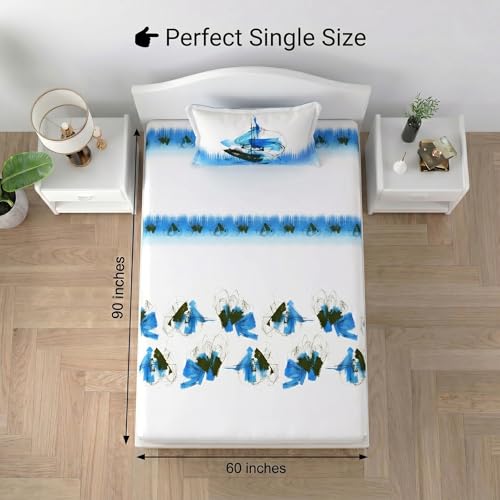 Image of Mafatlal 186 TC Autumn Delight Graceful Pure Cotton Single Flatsheet (60 x 90 Inch) | Breathable Summer Comfort | Wrinkle-Free Floral Bedsheet with 1 Pillow Cover, White Blue