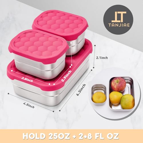 Image of Tanjiae Stainless Steel Lunch Box for Kids | Leak Proof 304 Stainless Steel Snack Containers with Silicone Lids - Perfect Metal Food Containers Set for Kids and Toddlers (25oz+8oz*2)