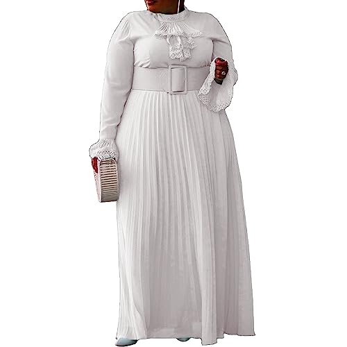 VERWIN Plus Size Floor-Length Solid Long Sleeve Pleated Women's Maxi Dress Prom Dress with Belt