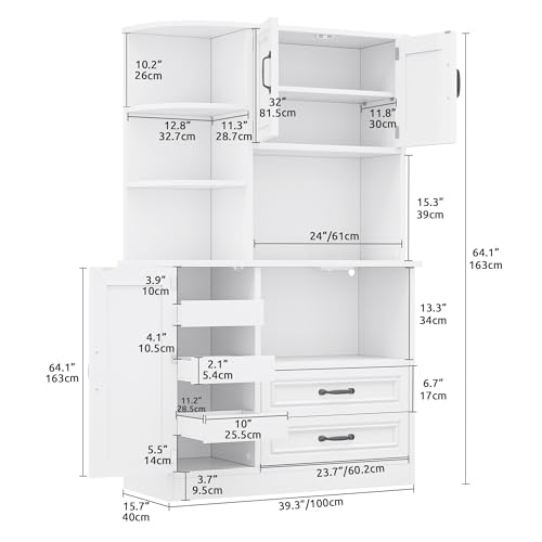 DWVO Kitchen Pantry Storage Cabinet, 64" H Kitchen Hutch Cabinet with Power Outlet, Sliding Racks with Door, Drawers with Doors and 3-Tier External Shelves for Living Room, Dining Area (White)
