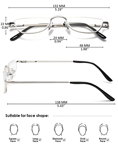 KOOSUFA Half Moon Reading Glasses Metal Spring Hinge Women Men Half Frame Readers Eyeglasses Eyewear Silver 2.75 - Image 2