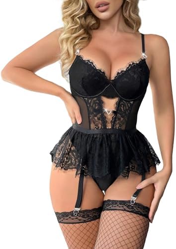 Conjunto de Lingerie de Renda Sexy Alrovetoney, Preto com Cinta-l...