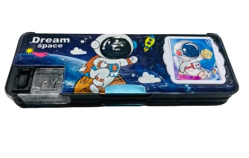 YBN Multipurpose Magnetic Pencil Box with Calculator & Dual Sharpener for Girls & Boys for School | Big Size Cartoon Printed Pencil Case for Kids Plastic, Pack of 1 (Space), Multicolor