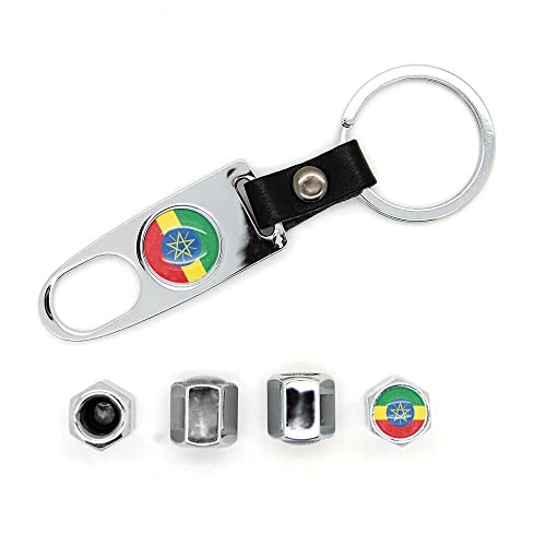 Lot de 4 bouchons de valves avec logo et porte clé Ethiopie Chromé