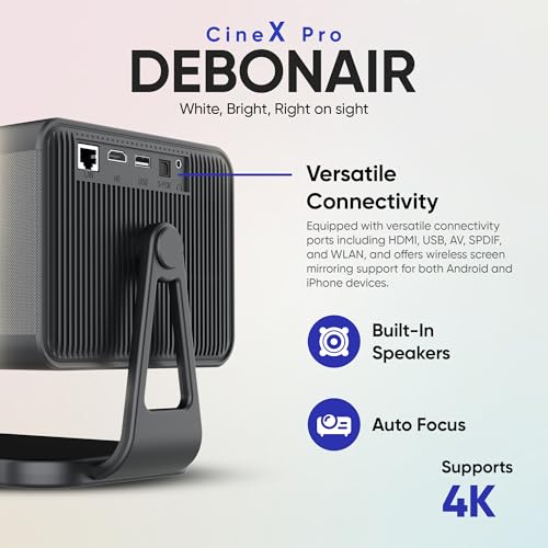 Image of DEBONAIR CineX Pro 4K Ultra HD Native 1080p Android Projector | 1300 ANSI Lumens Auto (Focus+Screen Fit+OBA) Android 12 | Dust Proof Engine 10W Speaker Dual WiFi BT5.0| 300 inch Display | Cinema Exp