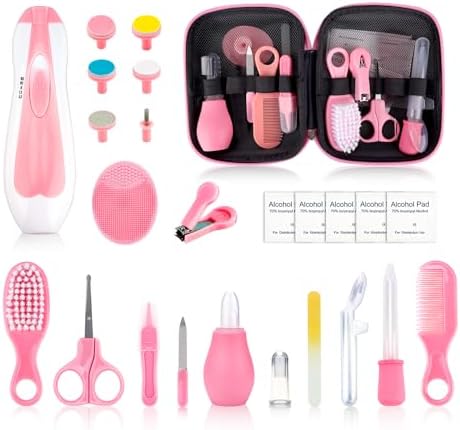 Baby Grooming Kit – 26 in 1 Nursery Essentials Baby Registry Shower Gift for Newborns, Infants, Toddlers, Boys, Girls Kids-Safety Baby Comb, Brush, Finger Toothbrush, Nail Clippers, Scissors(Pink)