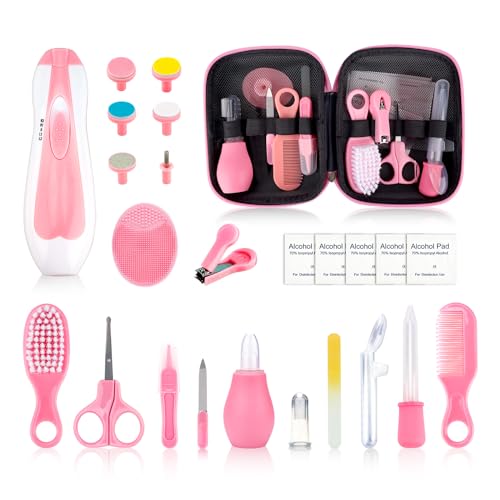 Baby Grooming Kit – 26 in 1 Nursery Essentials Baby Registry Shower Gift for Newborns, Infants, Toddlers, Boys, Girls Kids-Safety Baby Comb, Brush, Finger Toothbrush, Nail Clippers, Scissors(Pink)