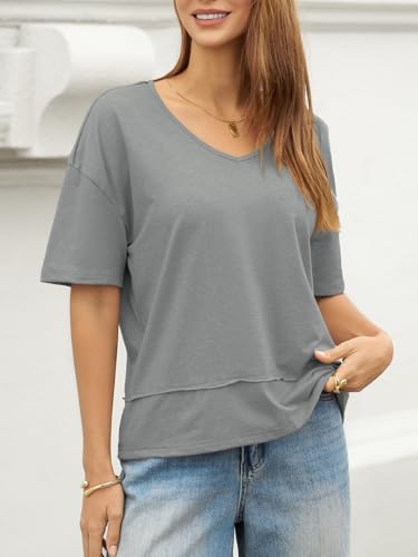 Image of UNCLECAT Womens V Neck T Shirts Summer Trendy Loose Fit Casual Tops Tees | Short sleeve, Spliced hem, Flowy graphic tees,Solid color cute basic t-shirts