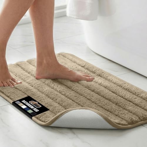 Image of GORILLA GRIP Memory Foam Bathroom Rugs, Soft Absorbent Textured Rubber Backing Striped Bath Mat, Machine Washable Quick Dry Cushioned Floor Mats, Shower Rugs Home Decor Accessories, Beige 24x16