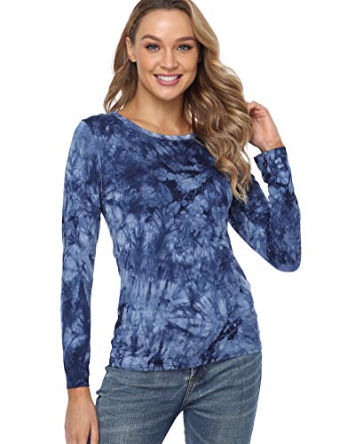 Fuinloth Women's Basic Long Sleeve T Shirts, Crewneck Slim Fit Spandex Tops, Plain Layer Underscrub Tees Tie Dyed Blue Medium #TOP1