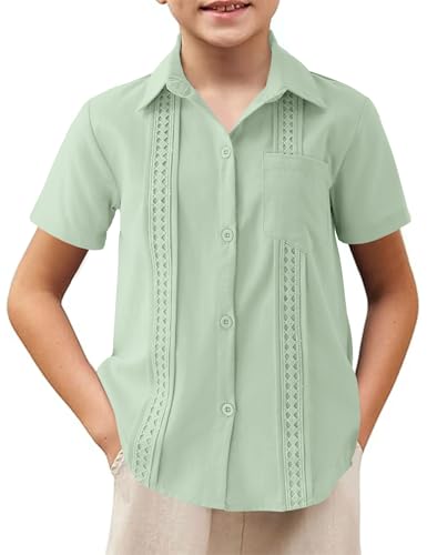 Image of Boys Guayabera Shirt Short Sleeve Button Down Casual Linen Shirt with Pockets for Summer Hawaiian Holiday 4-13Y