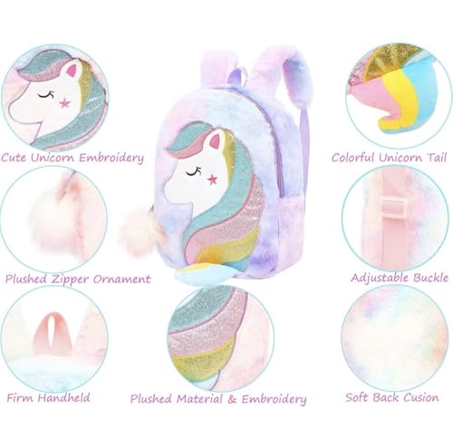 Image of Backpack- Cute Plush Unicorn Furry Furr Toddler Small Backpack /Princess Cute Small Bags for Nursery, Soft Lightweight Travel Bags for Girls | Little Plush Unicorn Theme Bag ||