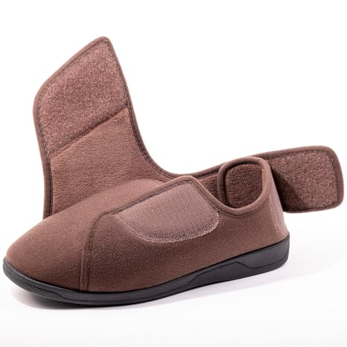 Image of Men's Memory Foam Diabetic Slippers with Adjustable Closure, Extra Wide Comfy Warm Plush Fleece Arthritis Edema Swollen Diabetic House Shoes Machine Washable with Anti Slip Sole