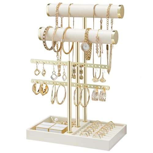 Yoodriy Organizador de Joyas con 3 Niveles, Soporte Desmontable para Joyeros de Terciopelo, Cuelga Collares, Jewelry Expositor para Mujer de Pendientes, Pulseras, Collares, Relojes, Anillos (Beige)