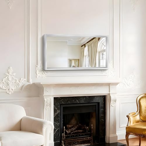 Image of 20x36 Silver Bathroom Mirror, Brushed Silver Rectangular Mirror for Wall, 0.6 inch Thickened Deep Frame Mirrors for Bathroom Sink, Shatterproof Tempered Glass, Antirust, Horizontally or Vertically