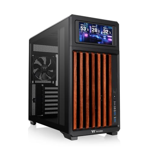 Image of Thermaltake TR300 WS; Preinstalled 6.0 Inch LCD Screen; Wood Trim; Mid Tower; 1x120mm PWM Fan Included; ATX /mATX /mITX Support; 360mm Radiator Support; 410mm GPU Clearance; Black; CA-11M-00M1WN-W1