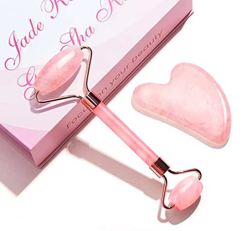 Rouleau de Jade & Gua Sha, Rouleau Jade Visage Jade Roller, Masseur de visage, Roller Visage pour la peau (Rose)