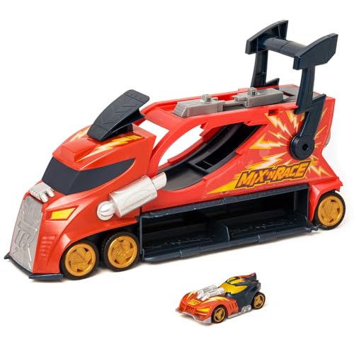 Camión T-Racers Thunder Truck Mix N Race lanzador de coches con zona de montaje