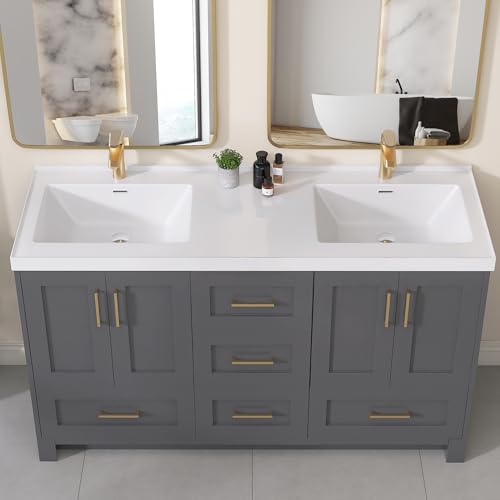 GETPRO Vanity Top 60 in. W x 22 in. D Solid Surface Cultured Marble Bathroom Vanity Double Sink Top and Integrated Backsplash White Vanity Countertop with Single Faucet Hole
