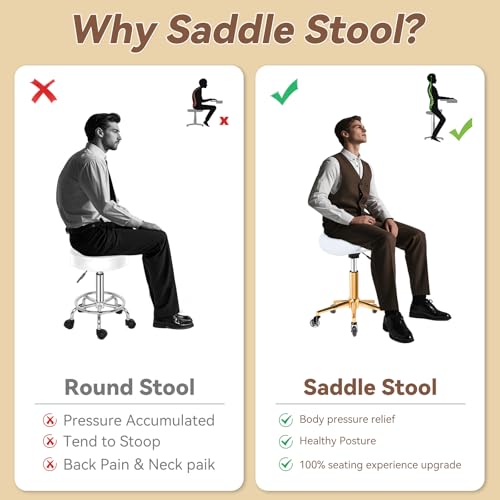 Image of Saddle Stool with Wheels Ergonomic - Thick Wide Saddle Cushion, Healthy Posture No Pain, Easy to Adjust, Smooth Rolling No Creaky Noises, Rolling Swivel Saddle Stool Chair for Salon Massage (White)
