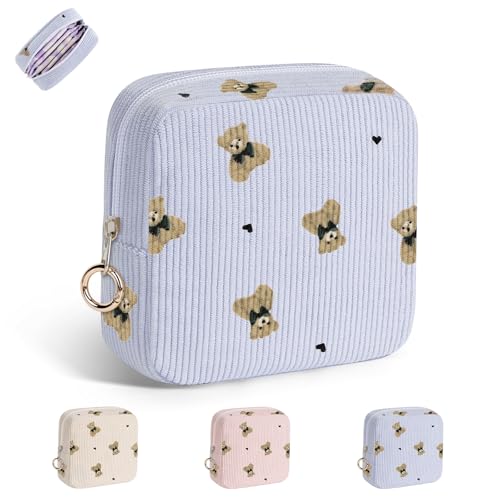 Image of Cute Period Bag for Teen Girls, Bears Corduroy Sanitary Napkin Storage Bag, Menstrual Pad Pouch Tampon Holder for Purse (Blue)