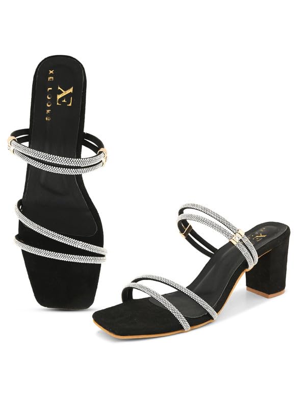 XE Looks Black Fashion Sandals | Faux Leather Trendy and Stylish Block Heel | For Wedding Occasion 3 Inches Heel | For Women & Girls (B0CY1YW1XL) Amazon Price History, Amazon Price Tracker