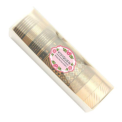 Viviquen Gold Washi Tape Set 15Mm Foil Skinny Masking Tape Decorative Pack For Diy Scrapbooking, Crafts, Gift Wrapping, Holiday Decoration (Black Basic Pattern 10 Rolls) #TOP6