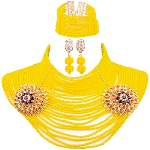 aczuv 25 Rows 4mm Crystal Beaded African Beads Jewelry Set Nigerian Wedding Necklace (Yellow) Cover